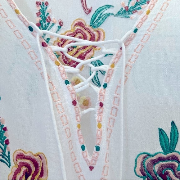 Rare Farm Rio Colorful Embroidered Tropical White Kaftan Beach Cover-up One Size - Picture 4 of 14